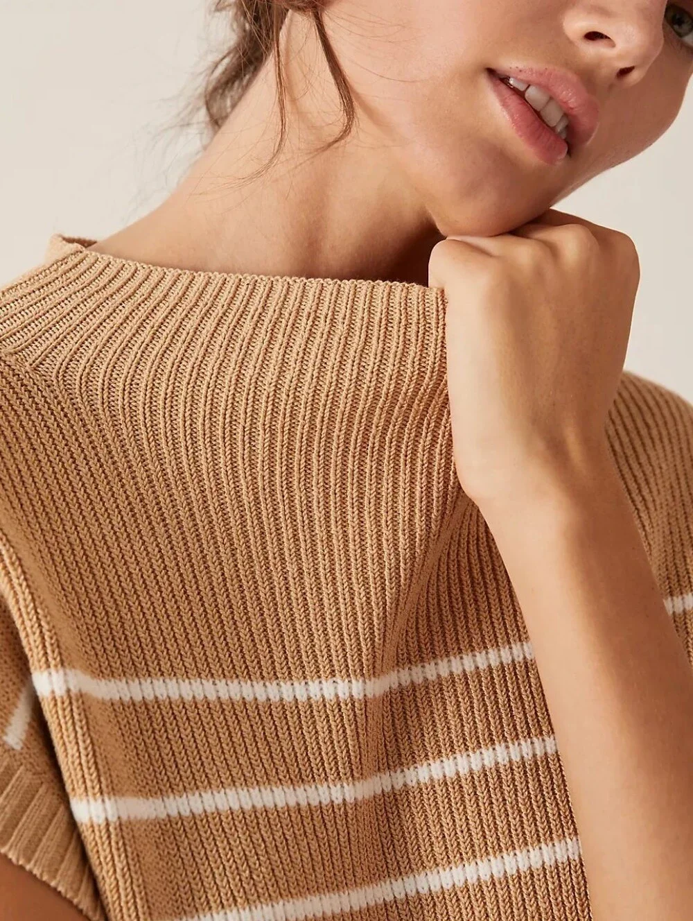 Anthropologie Beige & White Striped Sleeveless Knit Vest-Amara-mock-neck-S
